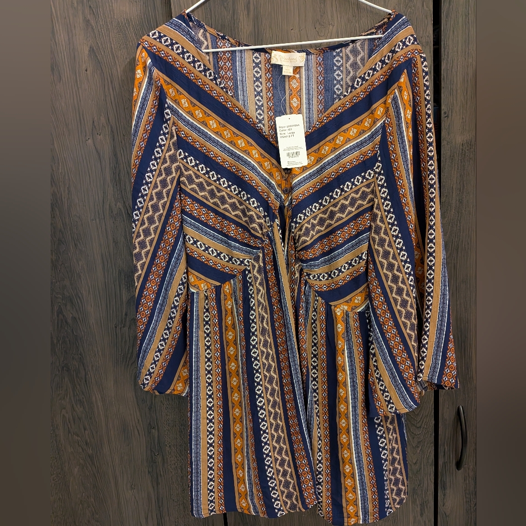 Suzanne Betro Striped Geometric V-Neck Romper In Navy, Mustard & Cream
